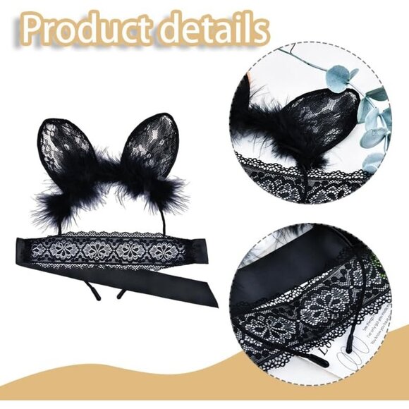 Black Cat Ears Headband Lace Eye Mask Sexy Blindfold Hairbands Festival Costume - Picture 5 of 7
